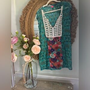 MAAJI Cover Up Mini Dress Safari Print Lace Trim Size Small